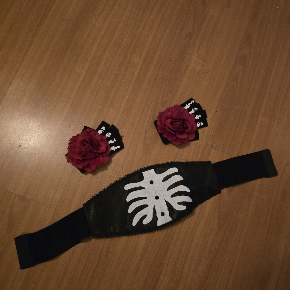 Black Belt with White Skeleton Design and Gloves With Red Floral Clips